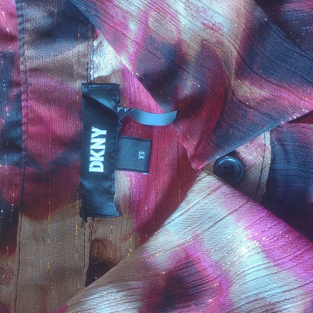 Y2K DKNY Sheer Button Up Blouse Vintage Metallic Tie Dye 90s Lightweight Summer - Picture 3 of 10